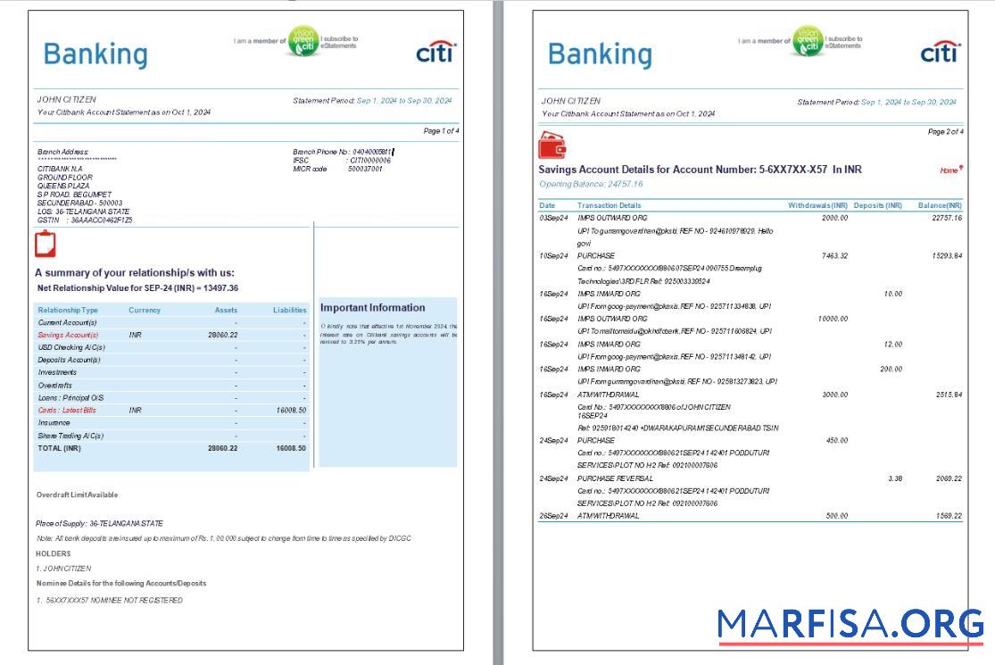 Downloadable India Citibank bank statement word 6 pages real example
